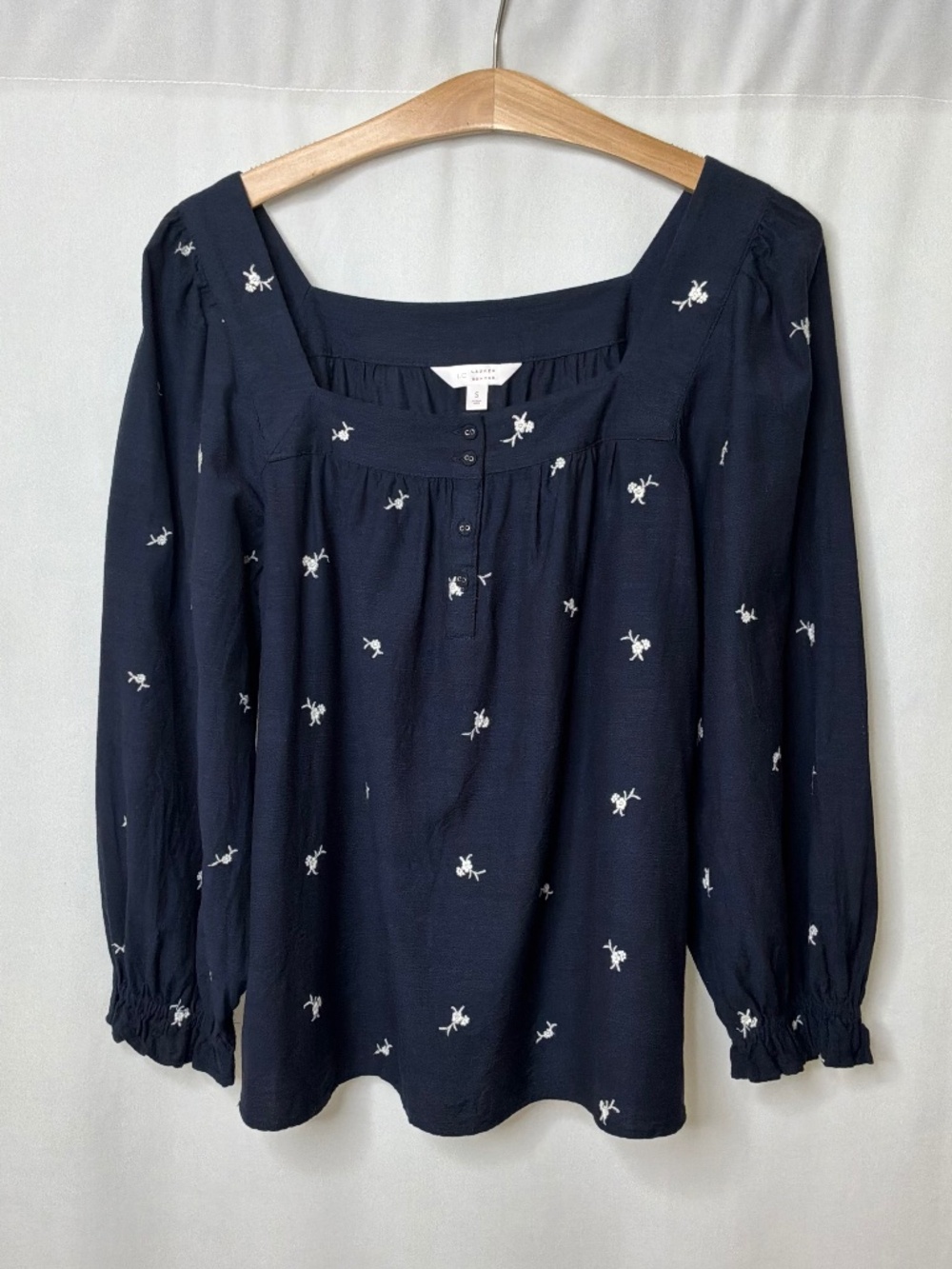 Lauren Conrad Floral Embroidered Navy Blue Long Sleeve Top